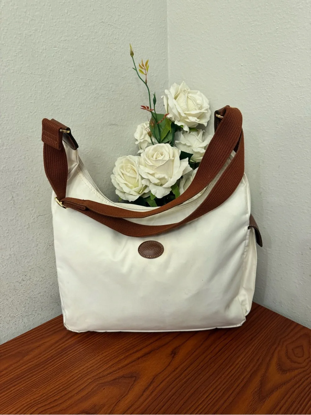 Longchamp White Shoulder Bag with Brown Strap and Trim